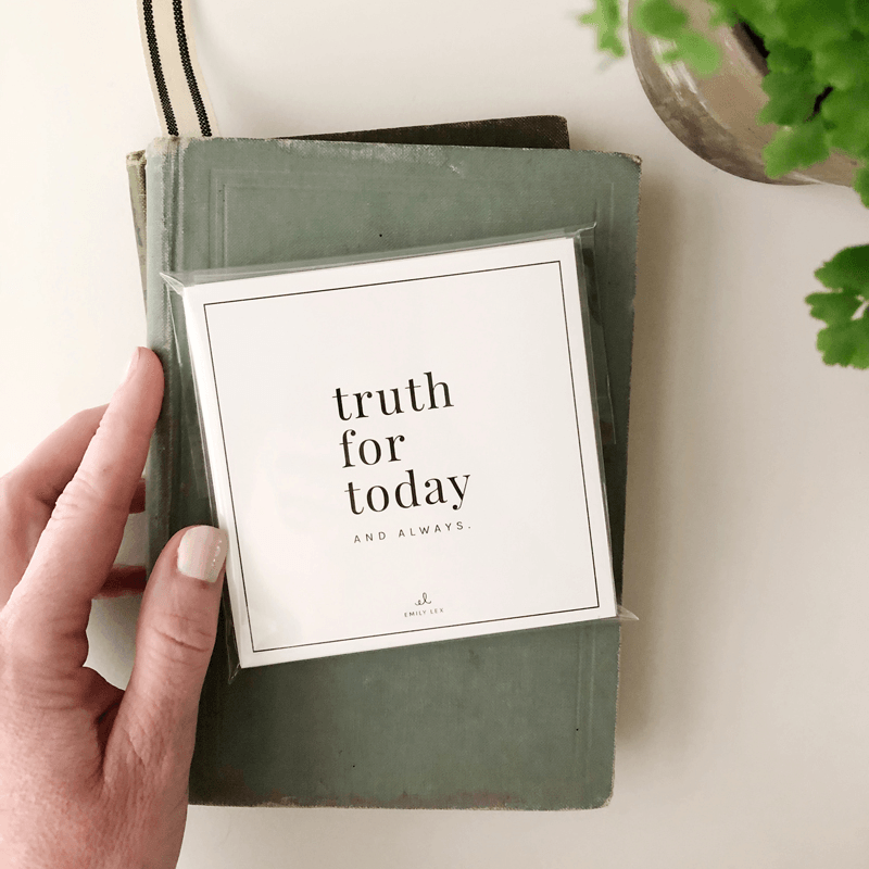 Truth for Today Scripture Card Set by Emily Lex featuring 31 watercolor-illustrated Bible verse cards printed on premium cotton eggshell textured paper.