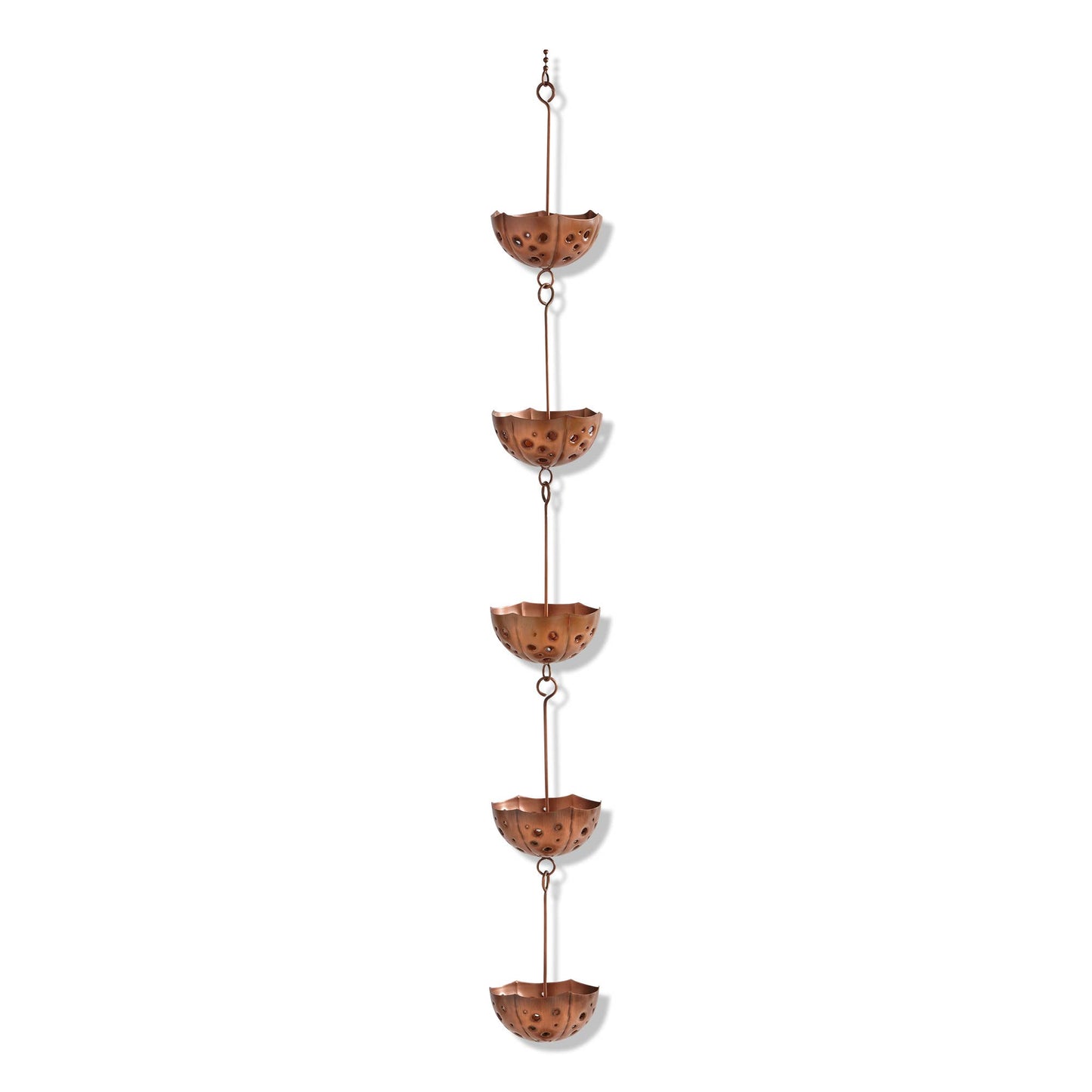 Copper rain chain with five bowl-like sections on a white background