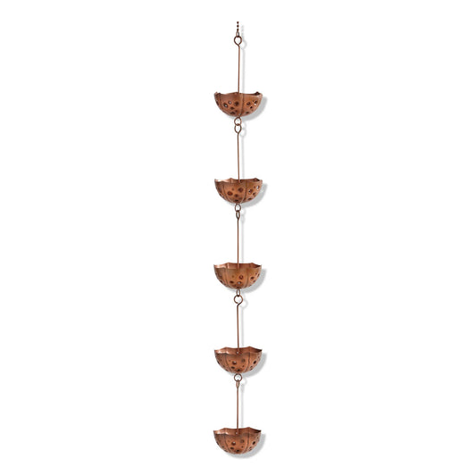 Copper rain chain with five bowl-like sections on a white background