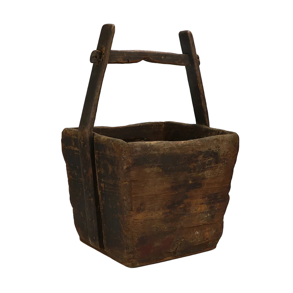 Authentic vintage wooden grain box with an original handcrafted wood handle and naturally aged patina.