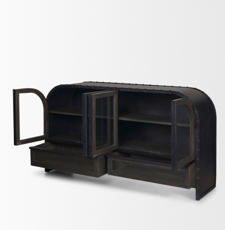 Vintage-inspired black metal sideboard featuring rounded edges and warm wood accents.