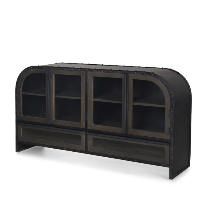 Vintage Black Metal & Wood Sideboard with a black metal cabinet, warm wood trim, four doors and two drawers.