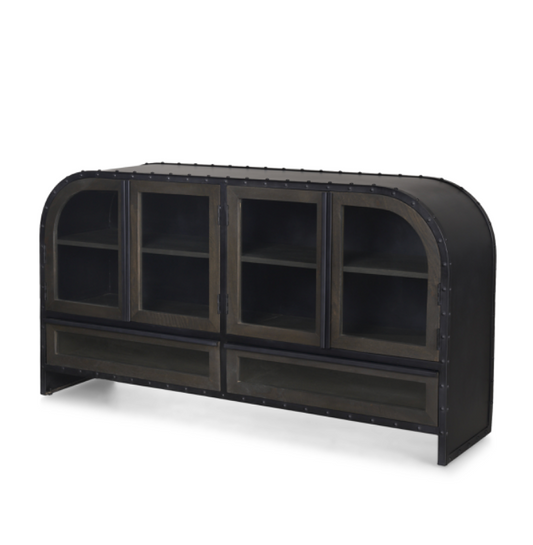 Vintage Black Metal & Wood Sideboard with a black metal cabinet, warm wood trim, four doors and two drawers.