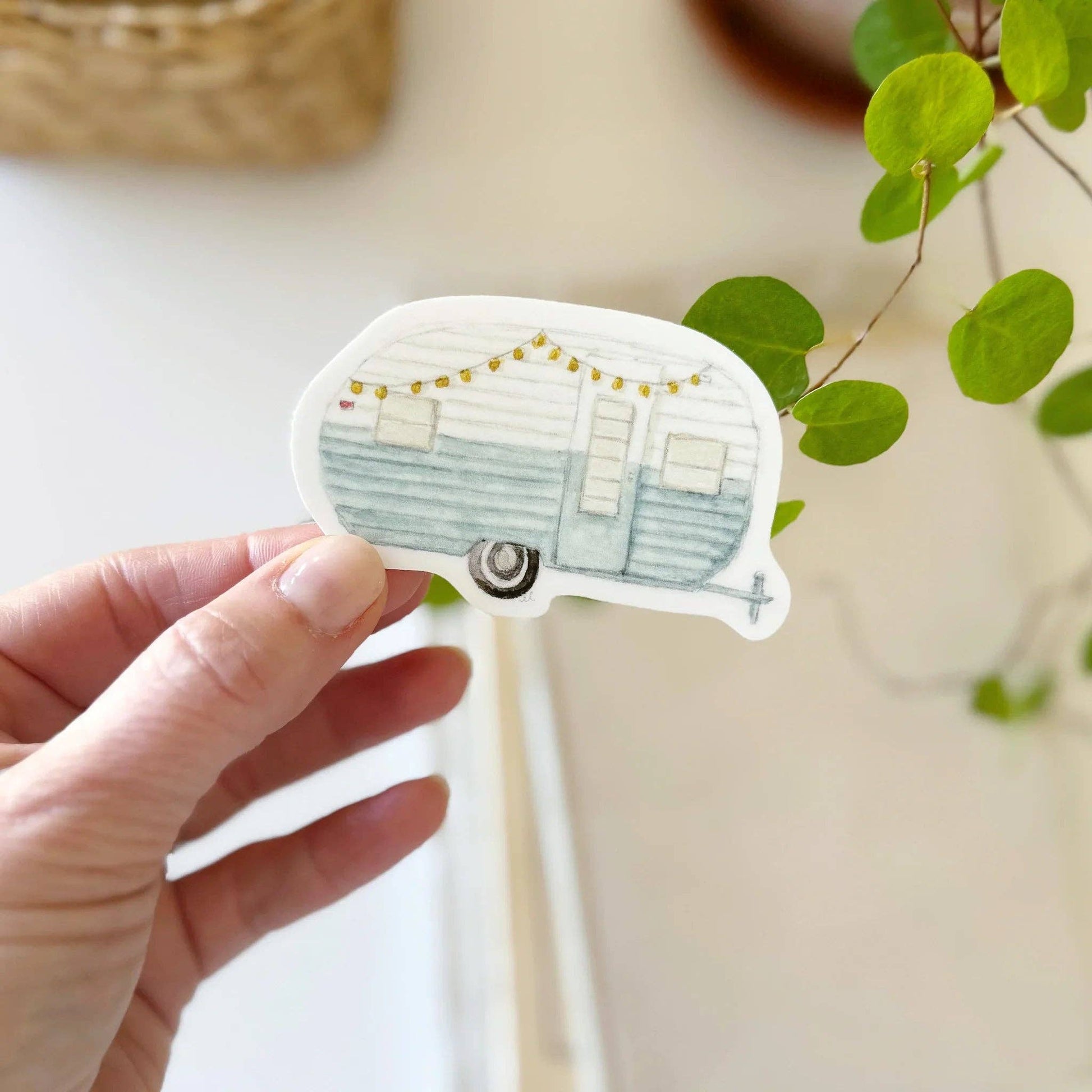 Vintage camper vinyl sticker featuring original watercolor artwork by Emily Lex.