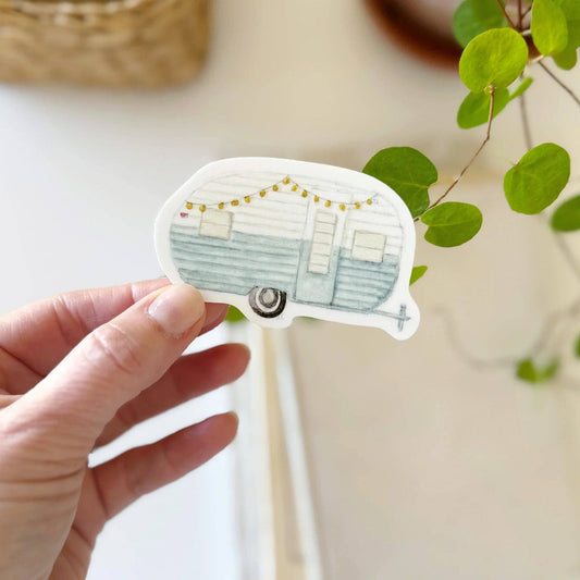 Vintage camper vinyl sticker featuring original watercolor artwork by Emily Lex.