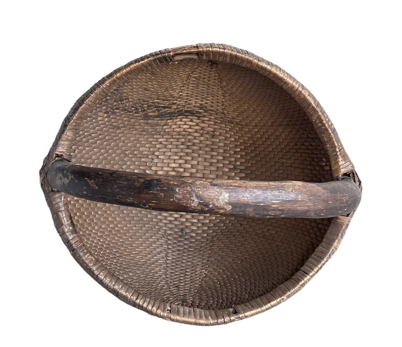 Vintage Round Handle Willow Basket from Qingdao, China with a handwoven form, large integrated handle, and naturally aged patina.