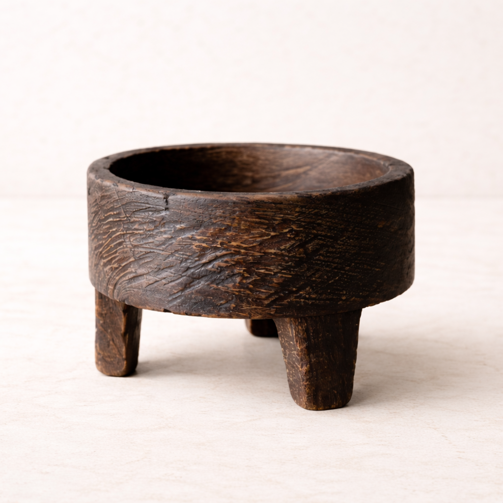 Vintage inspired wooden bowl riser with pedestal base styled on kitchen counter with collected decor