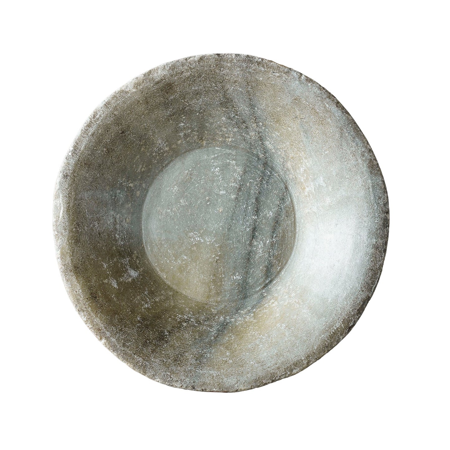 Large vintage round marble bowl carved from neutral-hued stone with authentic wear and natural variation.
