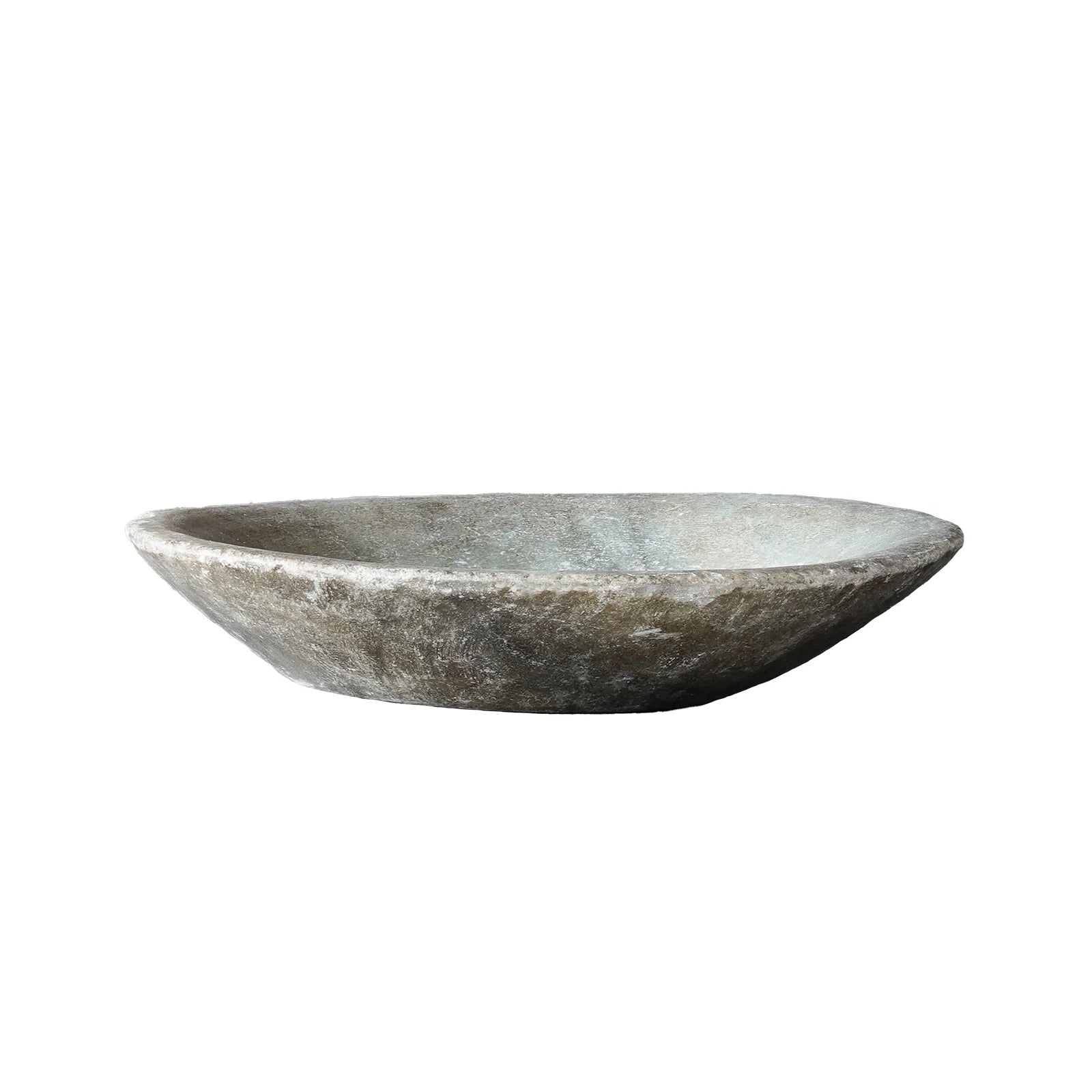 Large vintage round marble bowl carved from neutral-hued stone with authentic wear and natural variation.
