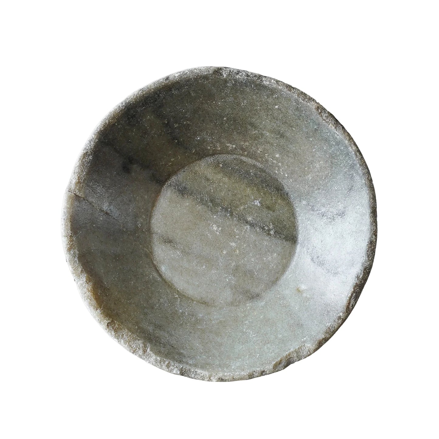 Small vintage round marble bowl with natural veining, timeworn markings, and a softly irregular shape.