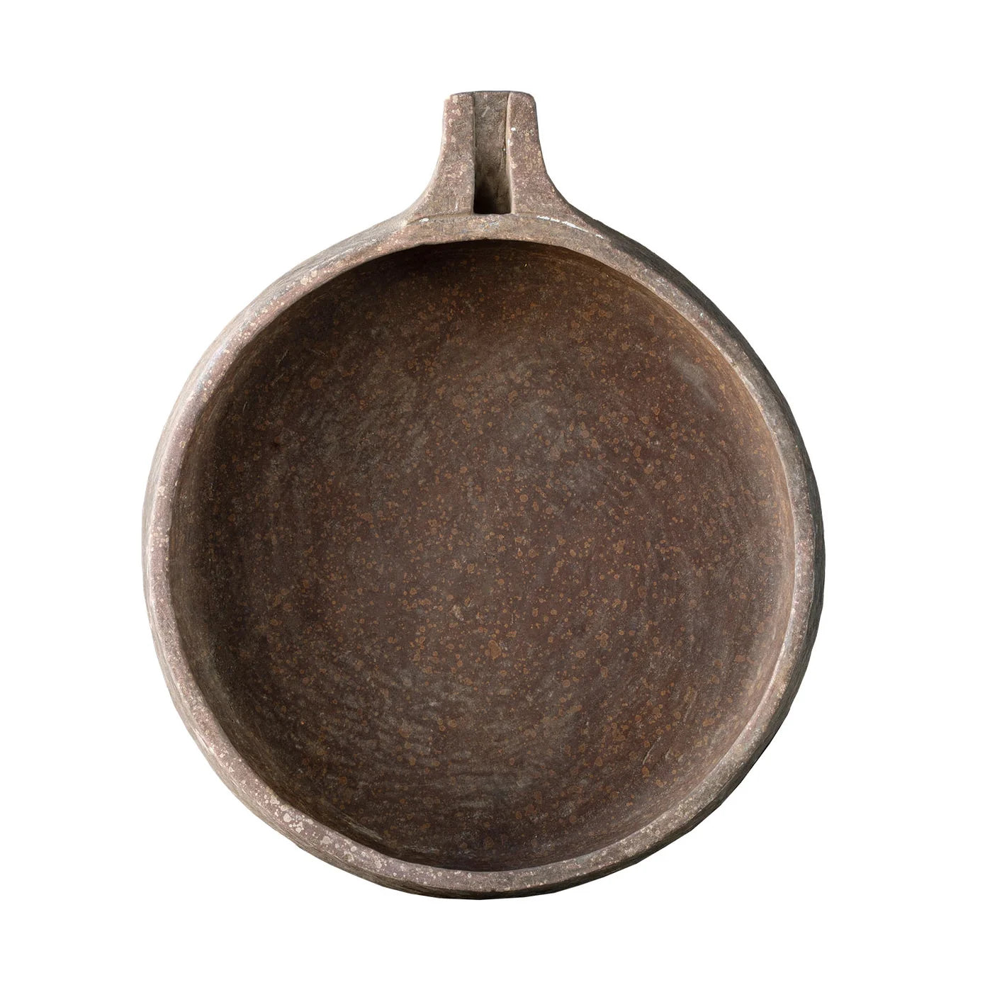Vintage Stone Kundi bowl carved from sandstone in India with a shallow round form, small spout, and naturally aged patina.