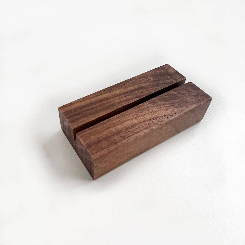 Walnut wood card holder with a minimalist design for displaying Truth for Today cards or inspirational quotes.