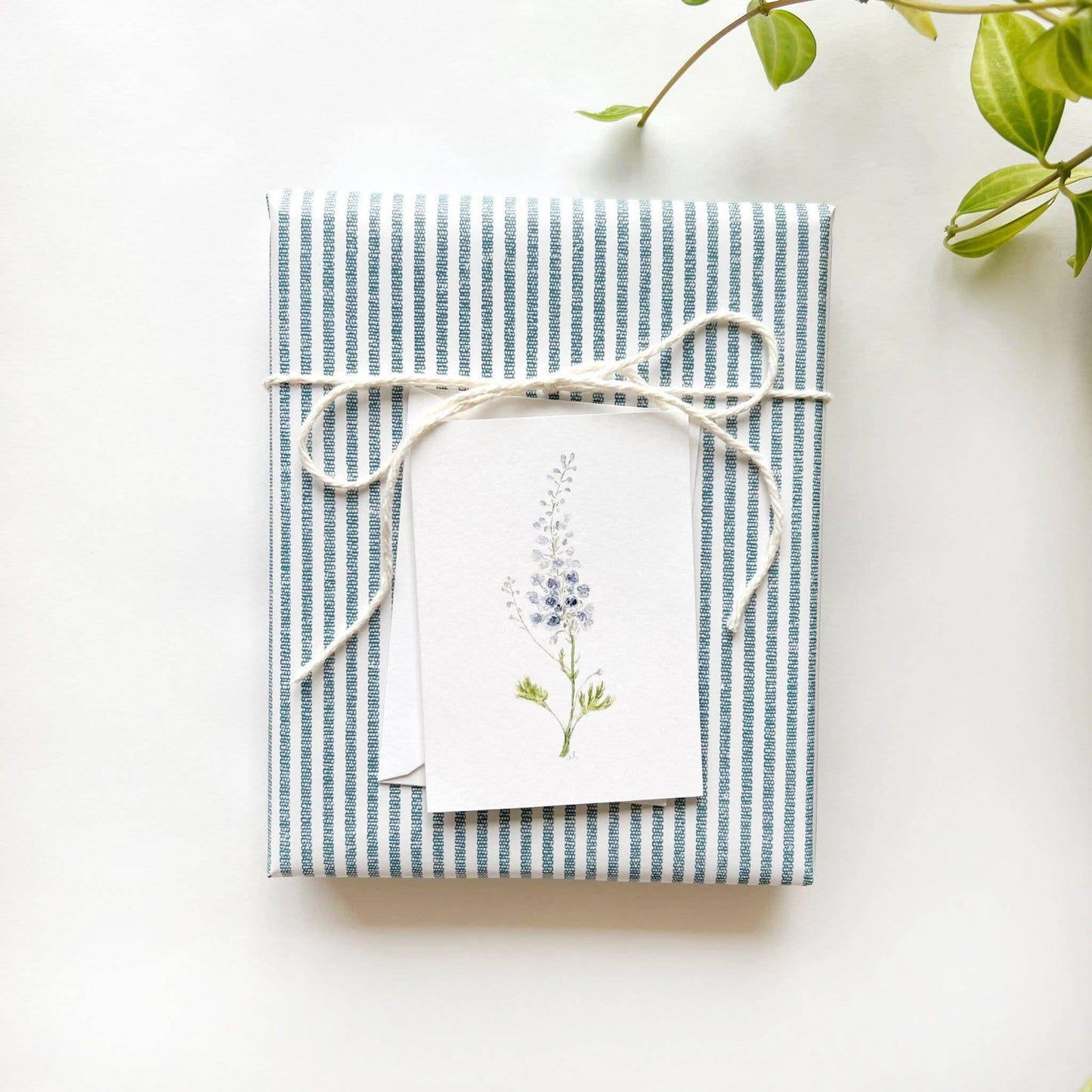 Watercolor illustration of a delicate delphinium stem printed on premium superfine paper.