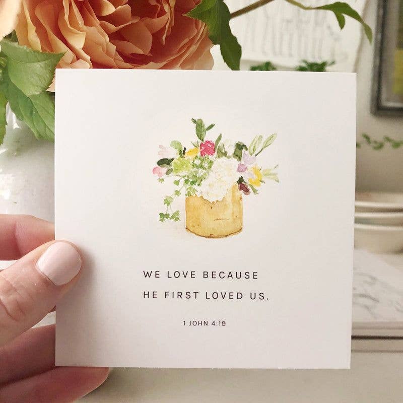 Close-up of 4-inch square Scripture cards with original watercolor artwork and encouraging Bible verses printed on textured cotton paper.
