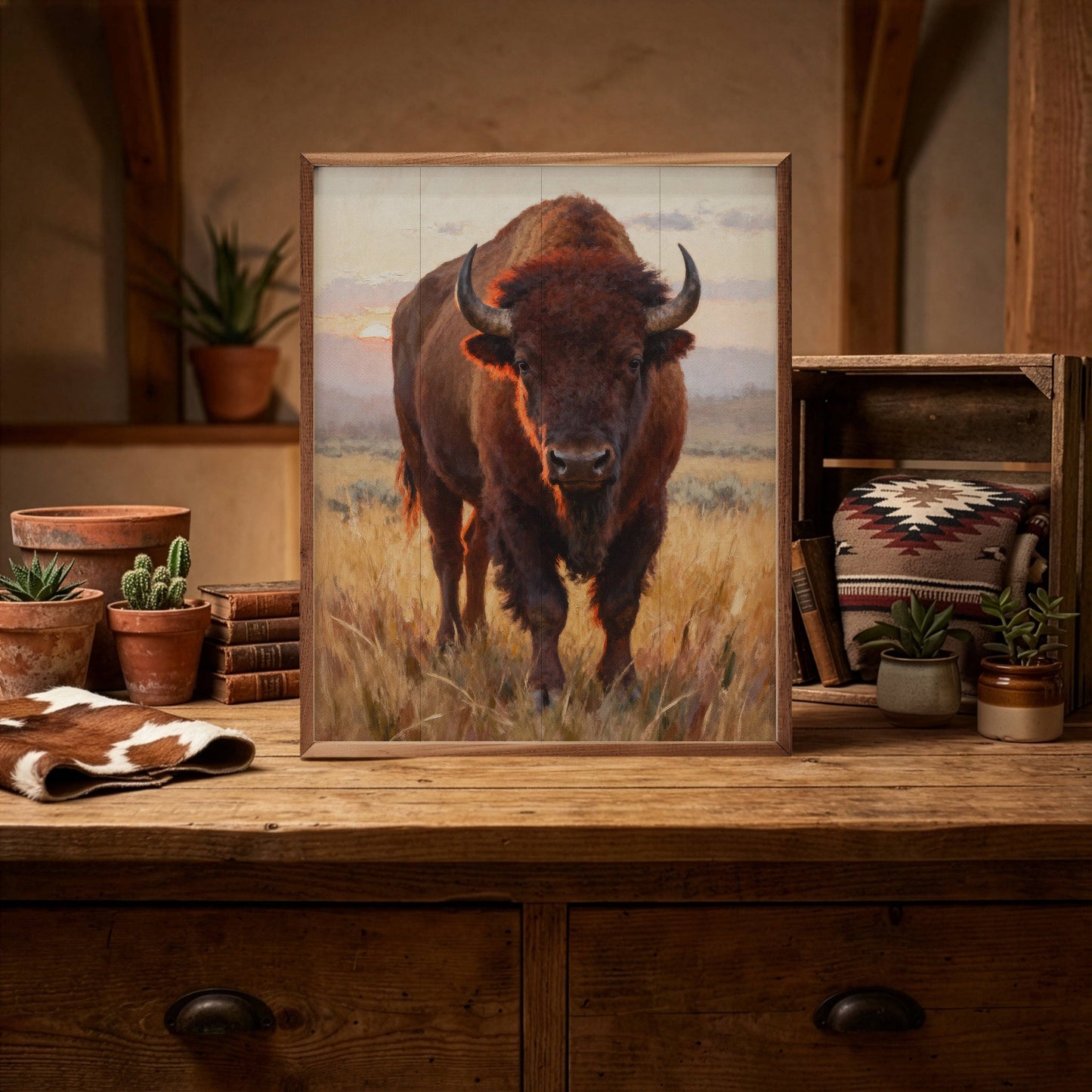 Prairie Giant framed wood wall art featuring a timeless Western-inspired scene on a solid wood panel with a rich natural walnut frame.