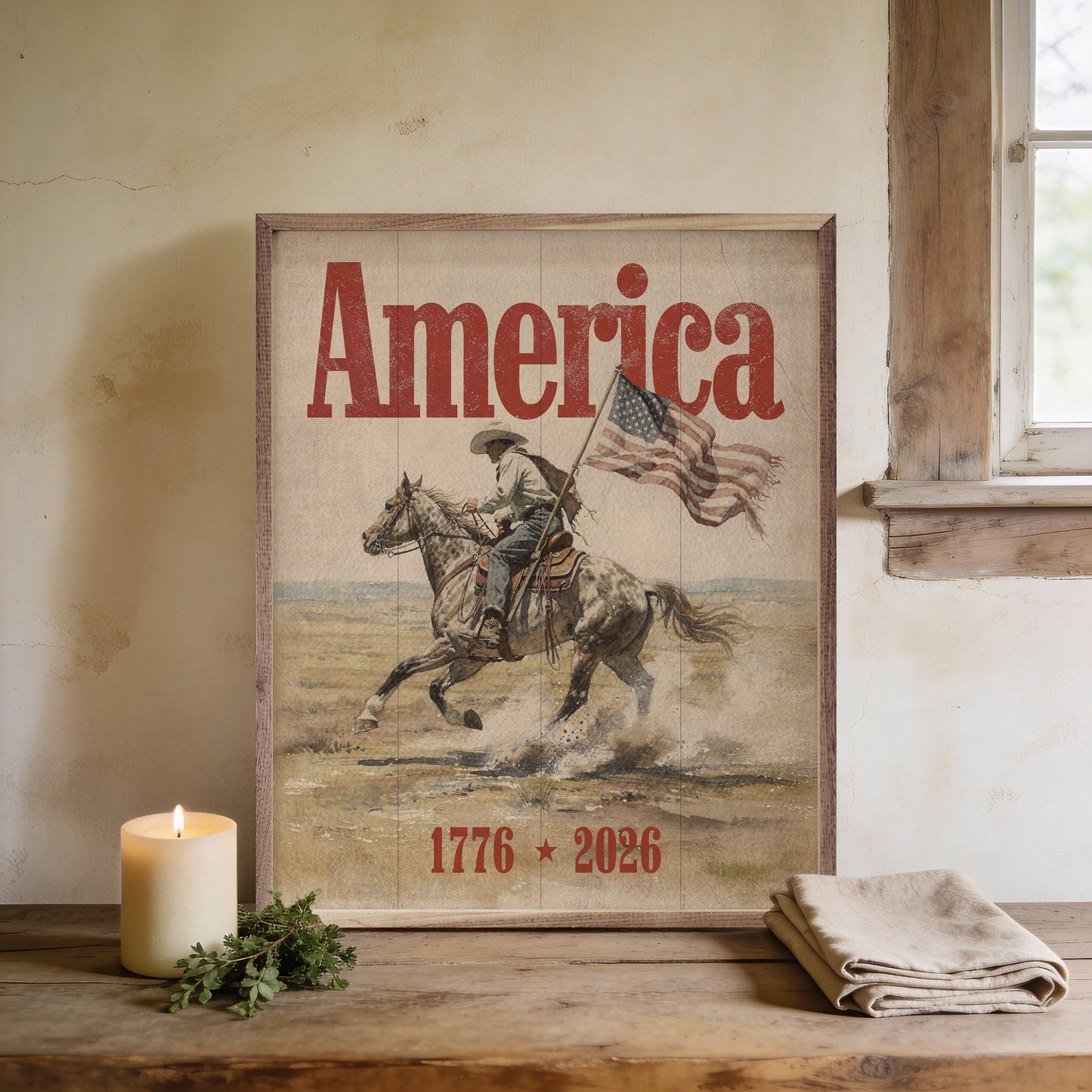 Heritage Cowboy Americana Framed Art featuring timeless cowboy imagery in a rich natural walnut frame.