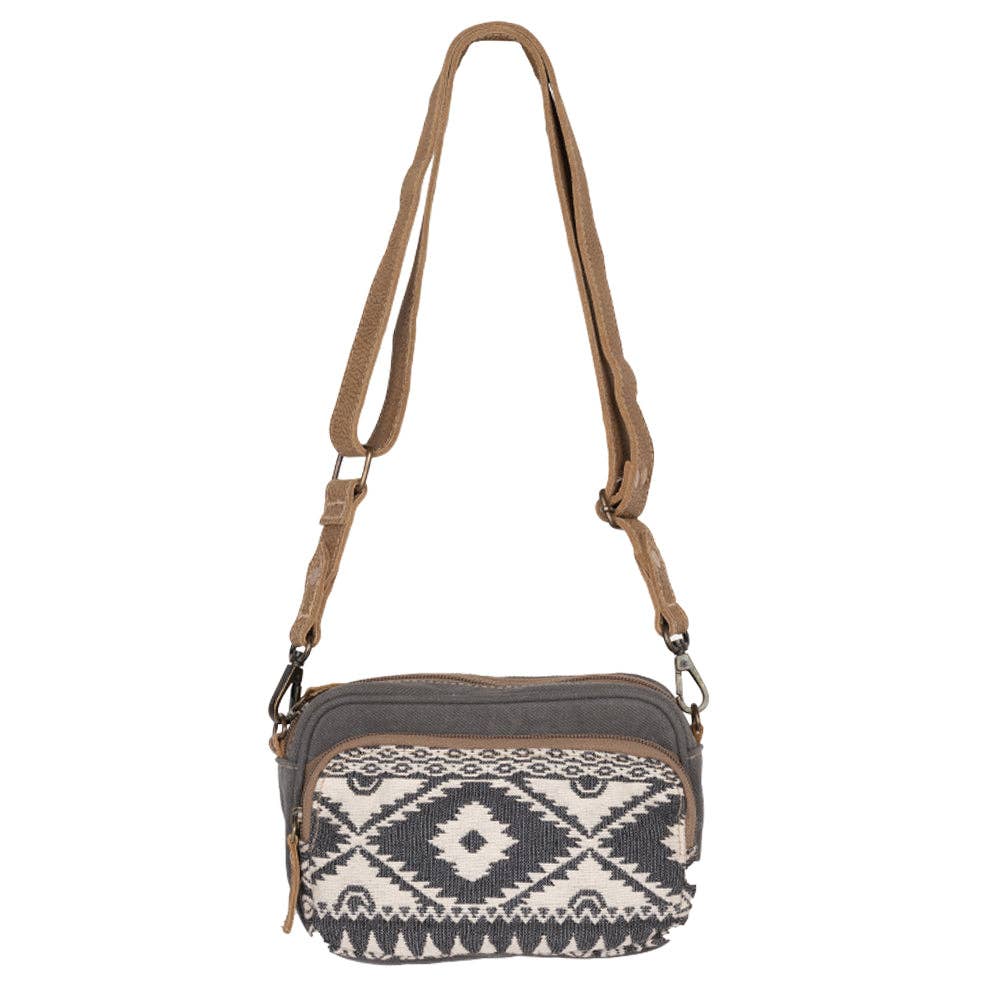 Western woven canvas and leather crossbody bag with artisan-inspired detailing