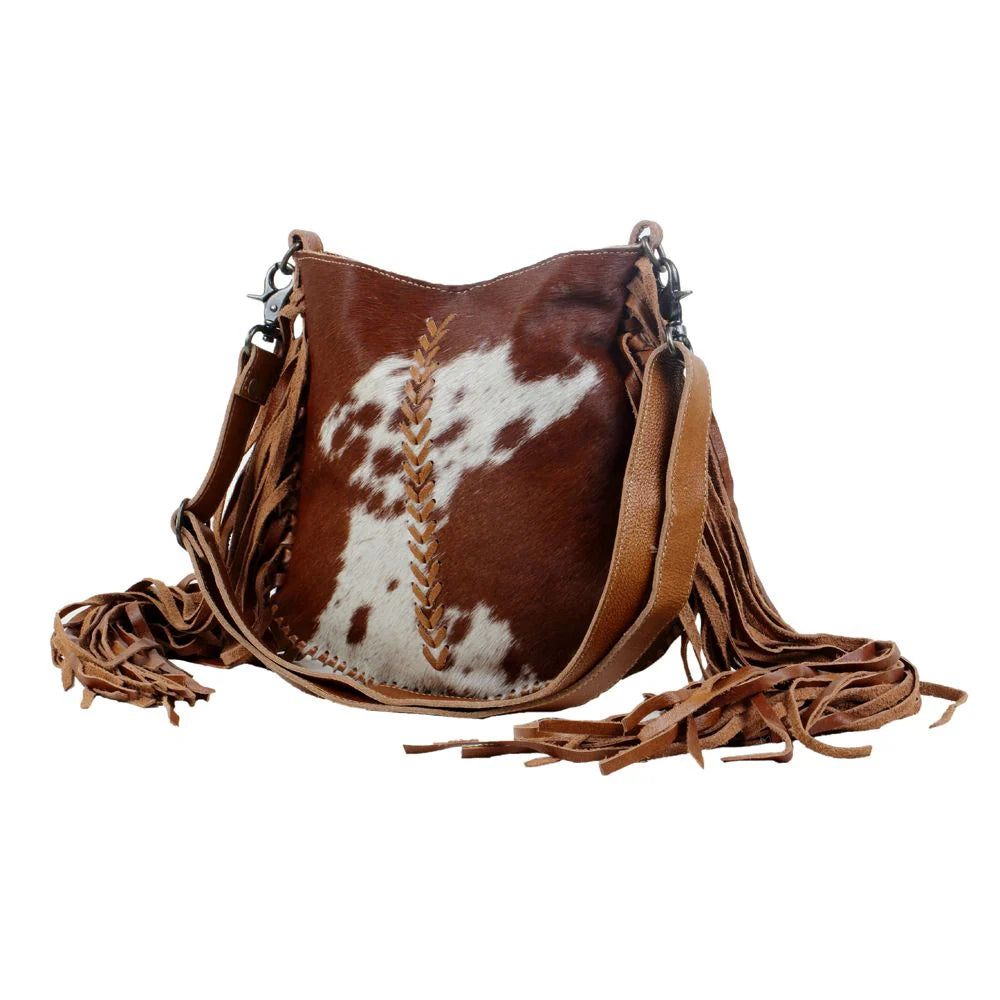 Western hairon leather fringe crossbody bag in brown and ivory cowhide