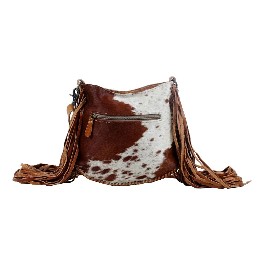 Western hairon leather fringe crossbody bag in brown and ivory cowhide