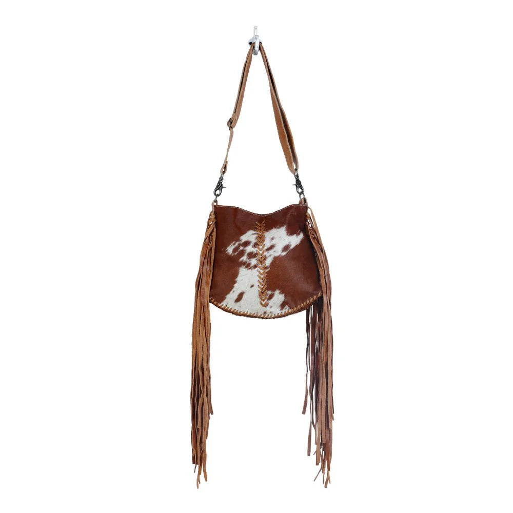 Western hairon leather fringe crossbody bag in brown and ivory cowhide