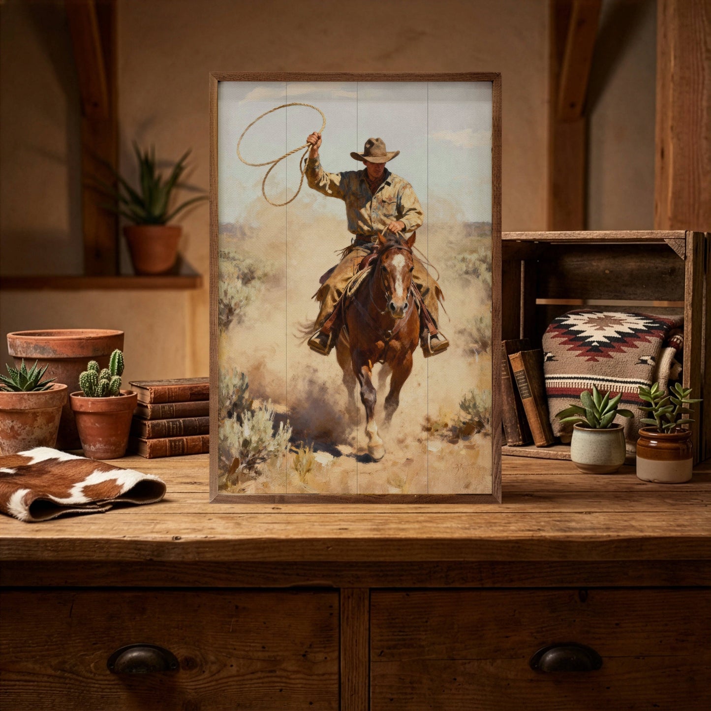 Lone Rider Framed Wood Wall Art featuring a solitary cowboy on a solid wood panel framed in rich natural walnut.