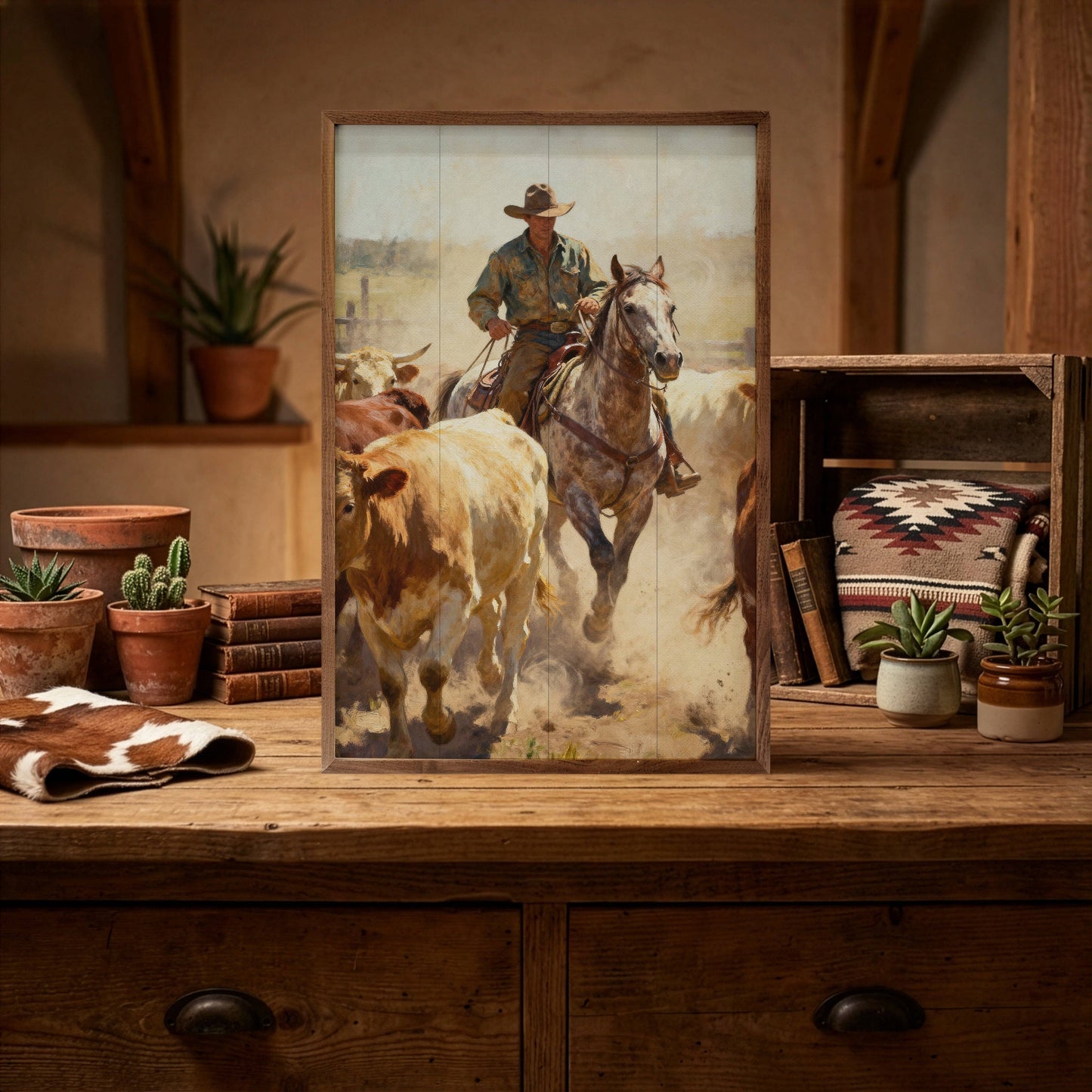 Trail Rider Framed Wood Wall Art featuring a cowboy riding the open trail on a solid wood panel framed in rich natural walnut.