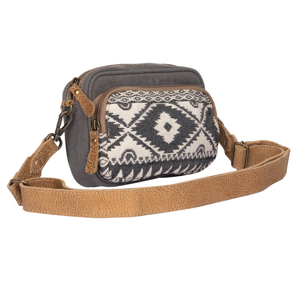 Western woven canvas and leather crossbody bag with artisan-inspired detailing