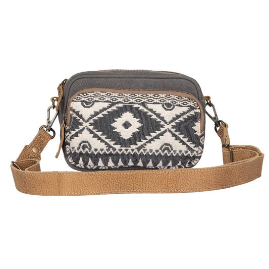 Western woven canvas and leather crossbody bag with artisan-inspired detailing
