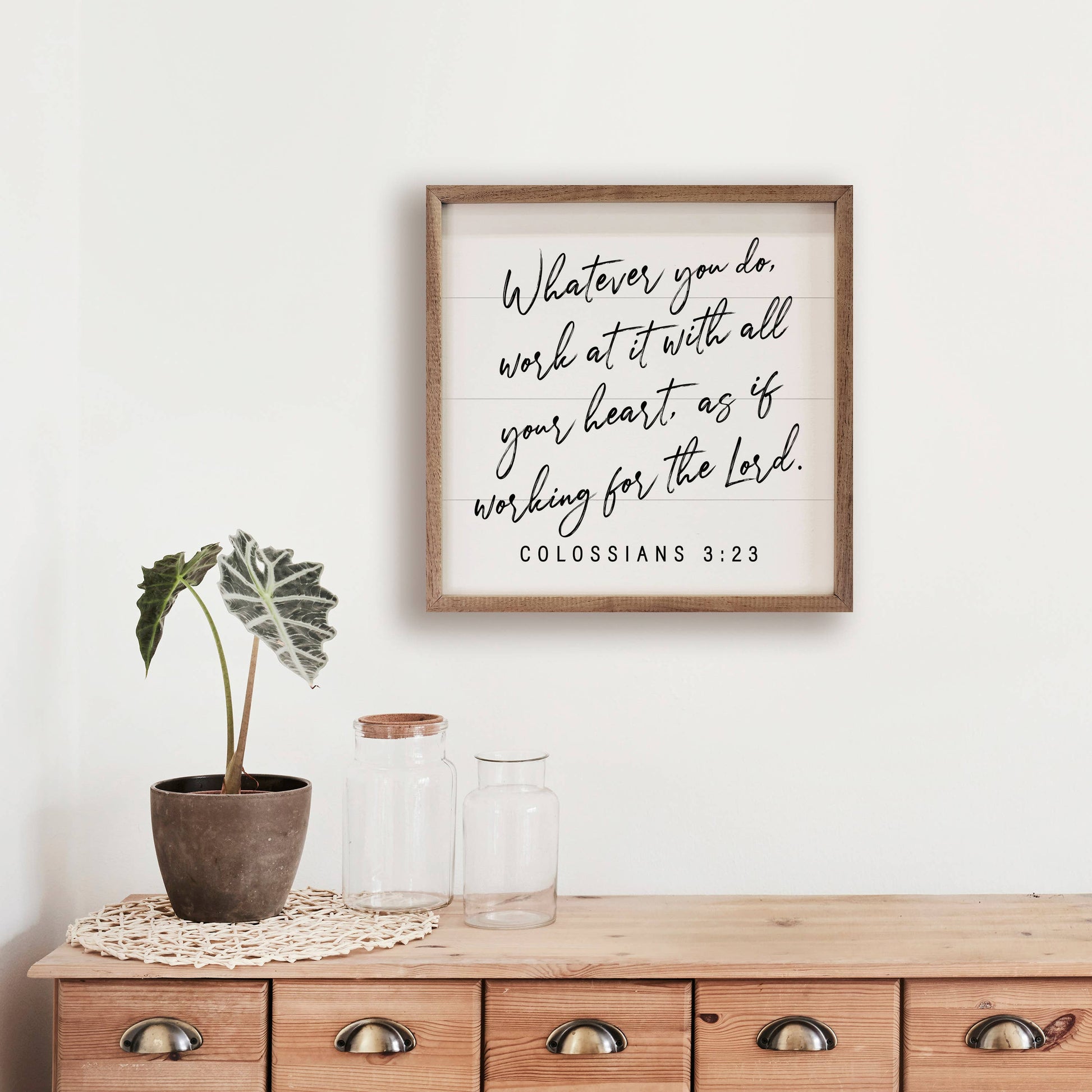 Whatever You Do Colossians 3:23 framed wood wall art featuring a white hand-painted finish, inspirational Bible verse, and natural walnut frame.