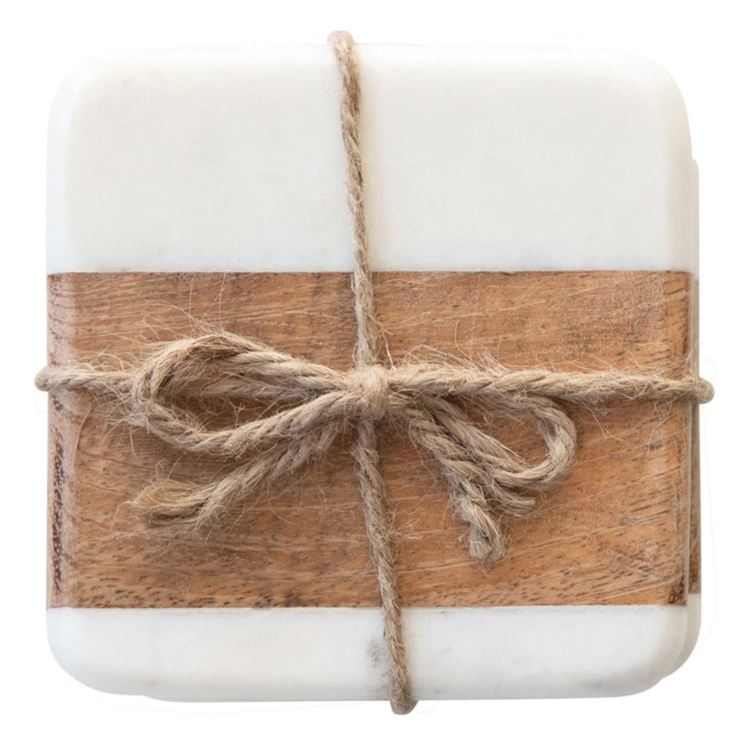 Set of four white marble and acacia wood coasters featuring natural stone veining and warm wood grain.