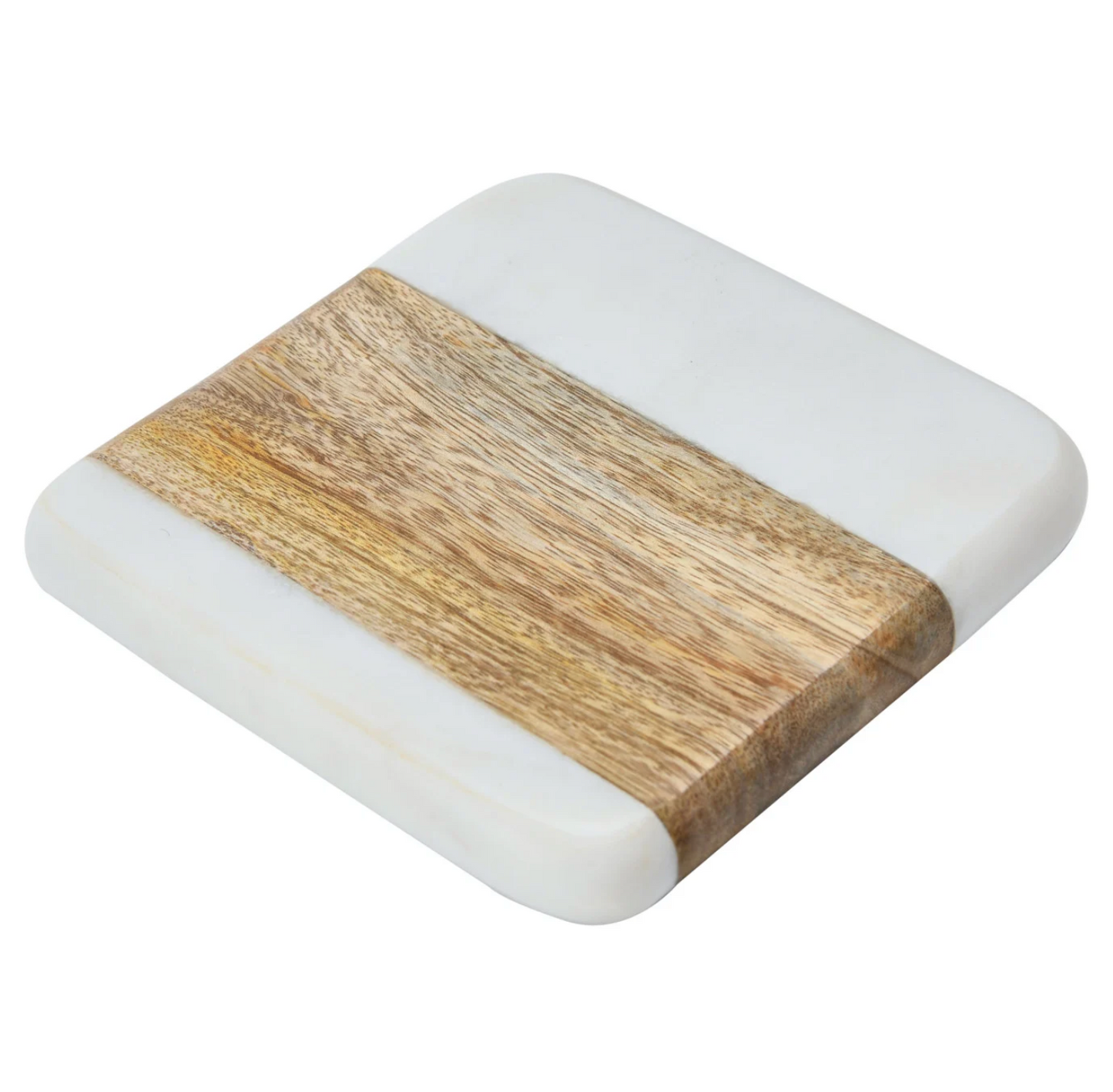 Close-up of marble and acacia wood coasters showcasing natural materials and artisan craftsmanship.