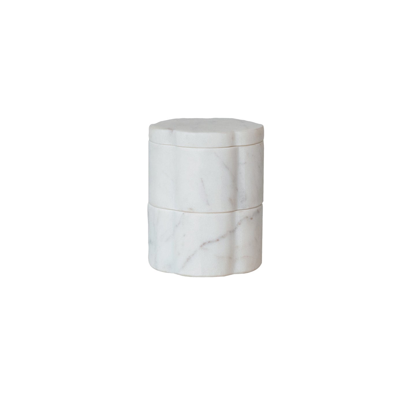 Set of two white marble scalloped pinch pots with matching lids and natural stone veining.