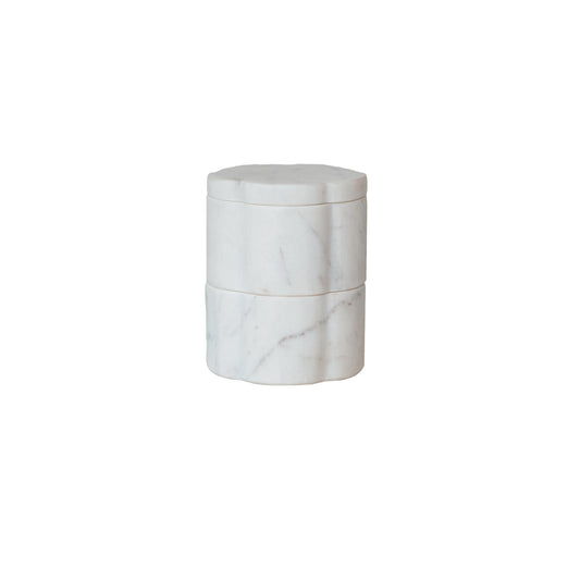 Set of two white marble scalloped pinch pots with matching lids and natural stone veining.