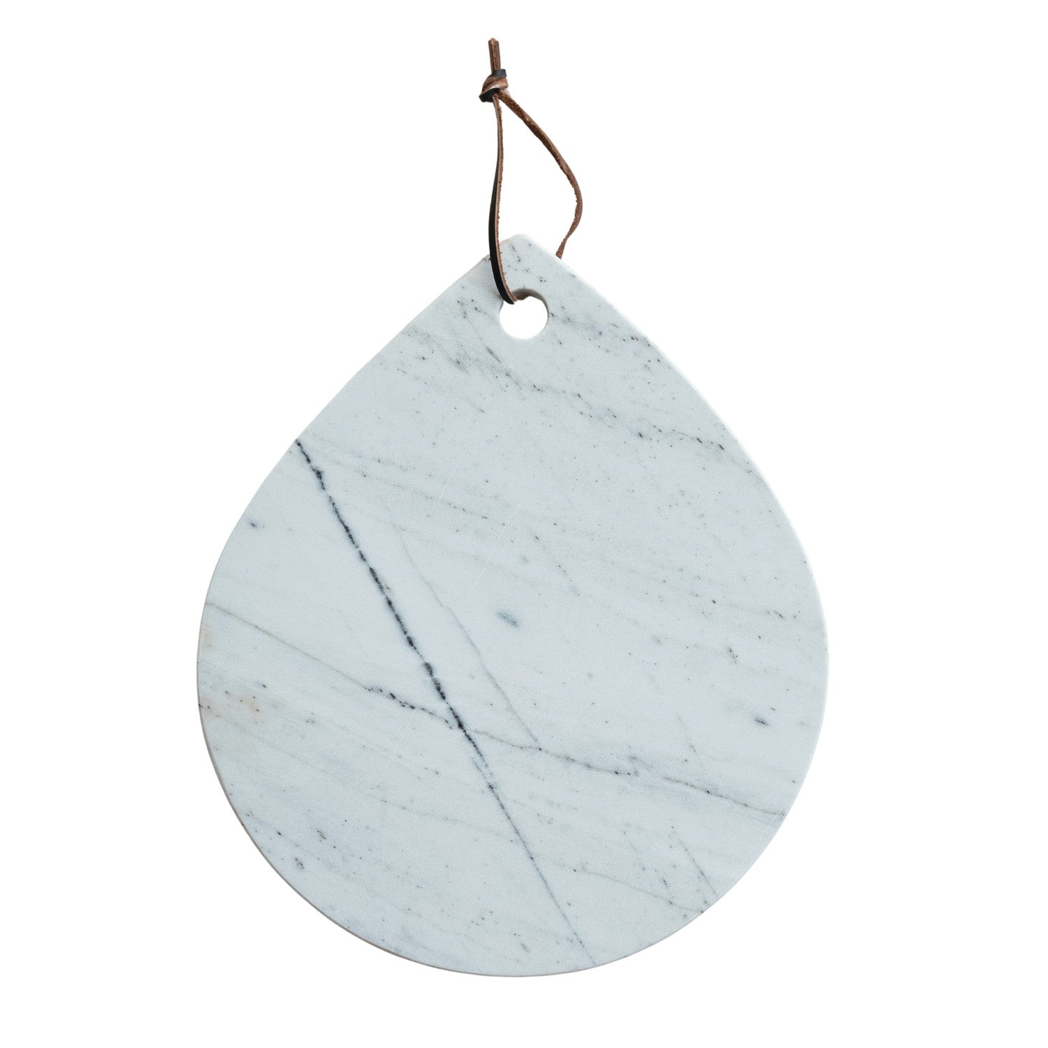 White mélange marble cheese and cutting board with handle and leather hanging tie.