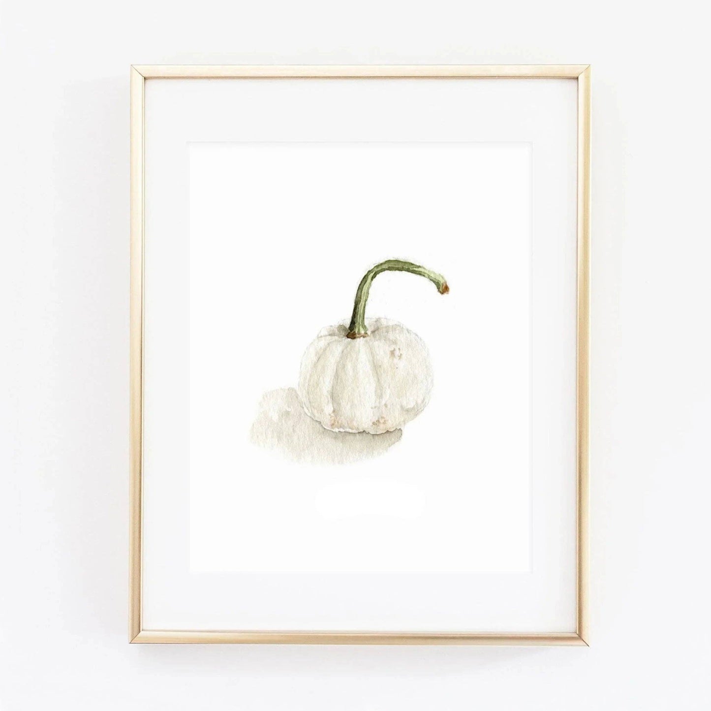White pumpkin watercolor art print featuring delicate hand-painted botanical details on premium fine art paper.