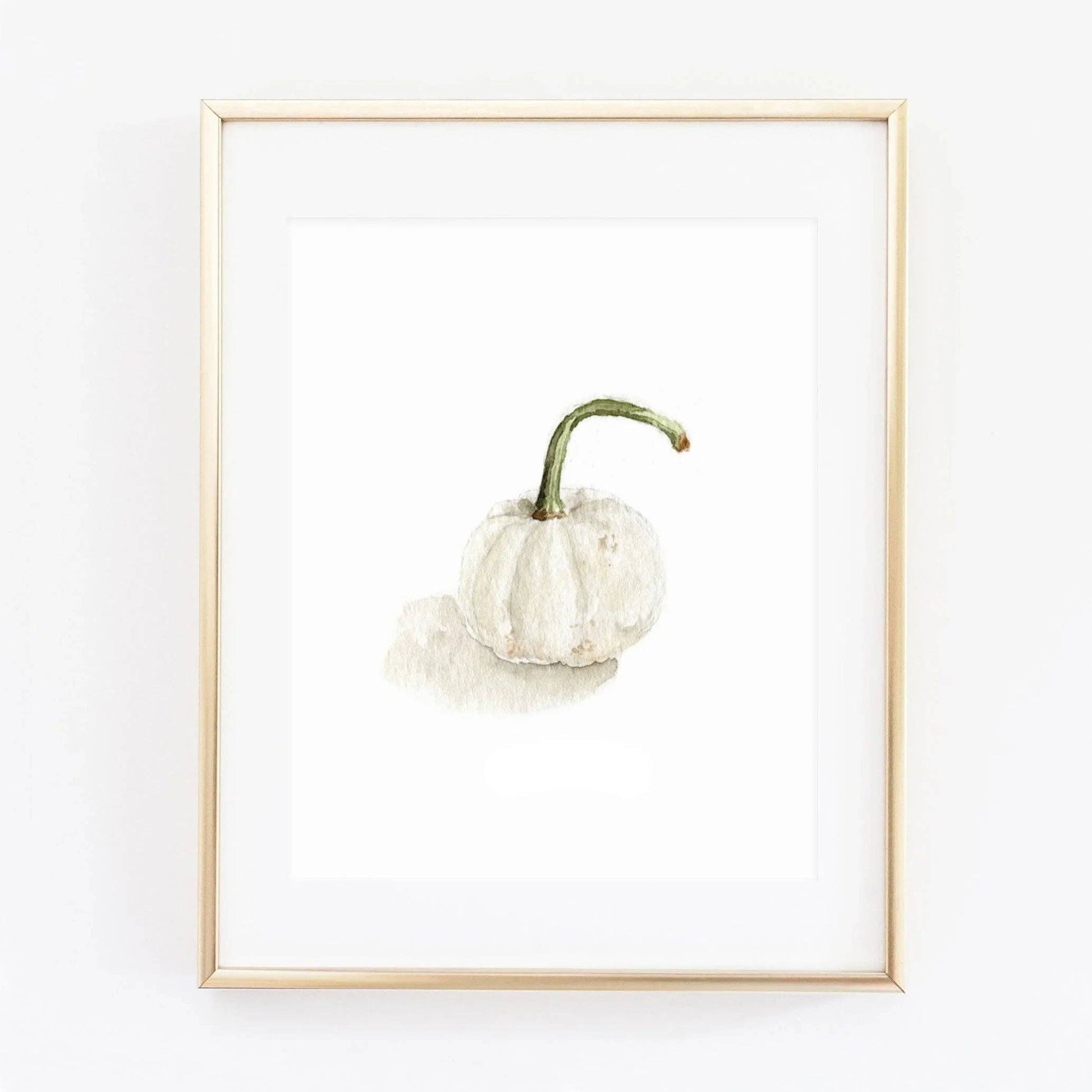 White pumpkin watercolor art print featuring delicate hand-painted botanical details on premium fine art paper.