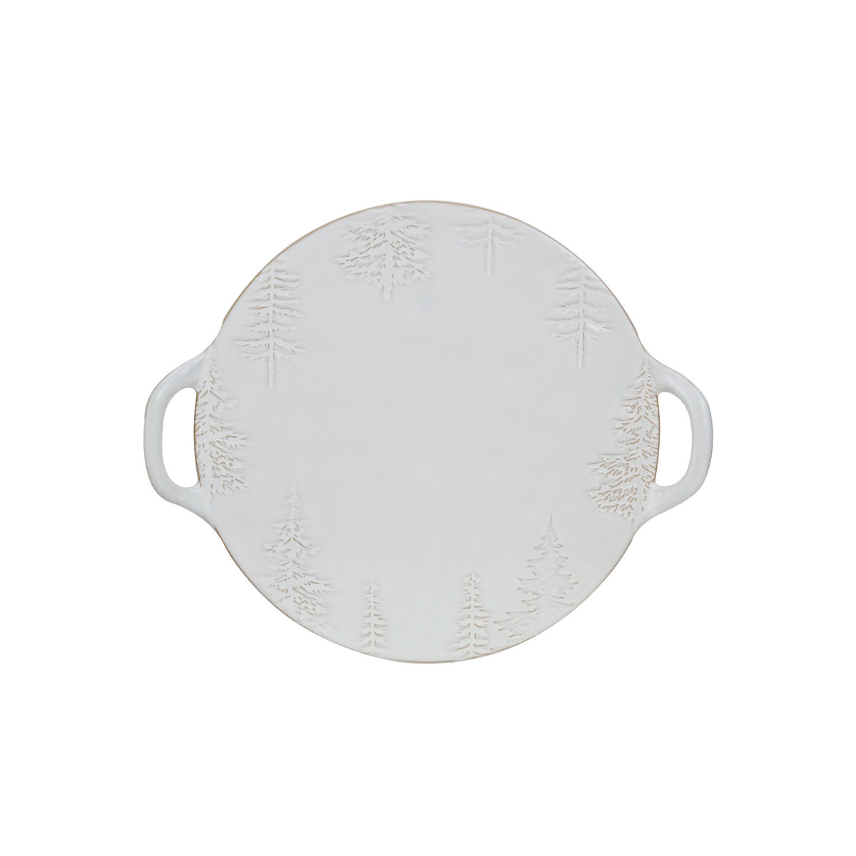 White stoneware serving platter with debossed evergreen trees, integrated handles, and a softly varied reactive glaze.
