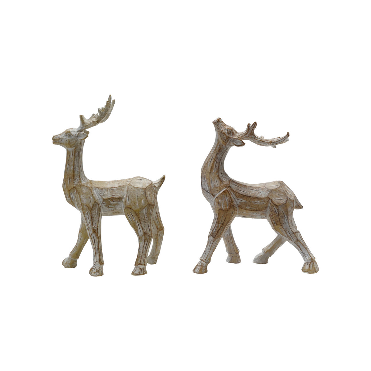 Two whitewashed carved deer figurines in Looking Up and Standing poses with an aged wood-inspired finish.