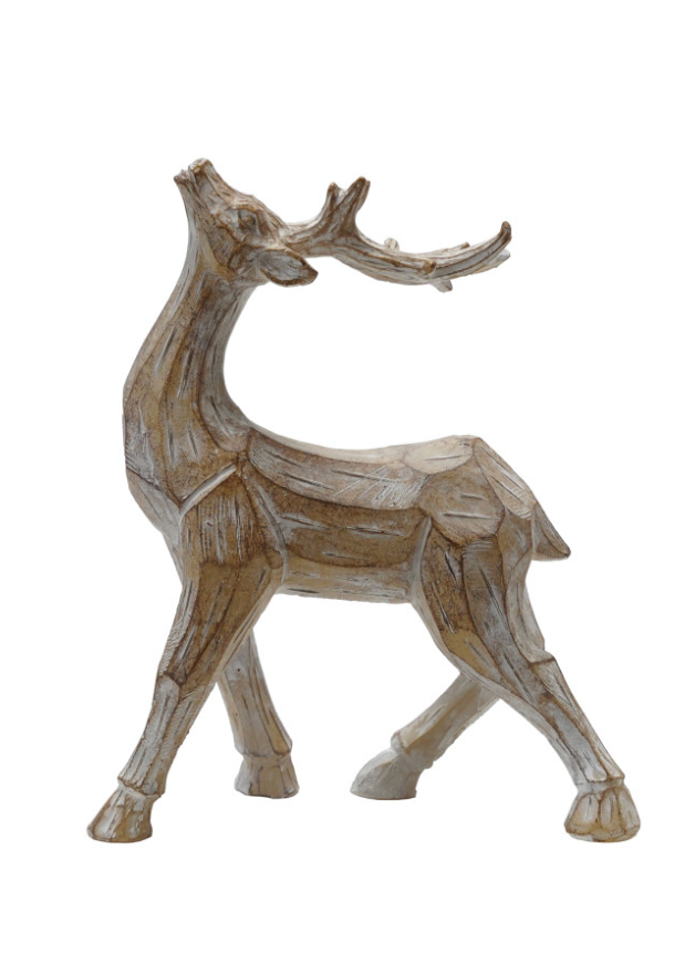 Whitewashed carved deer figurine with its head raised and antlers extended back.