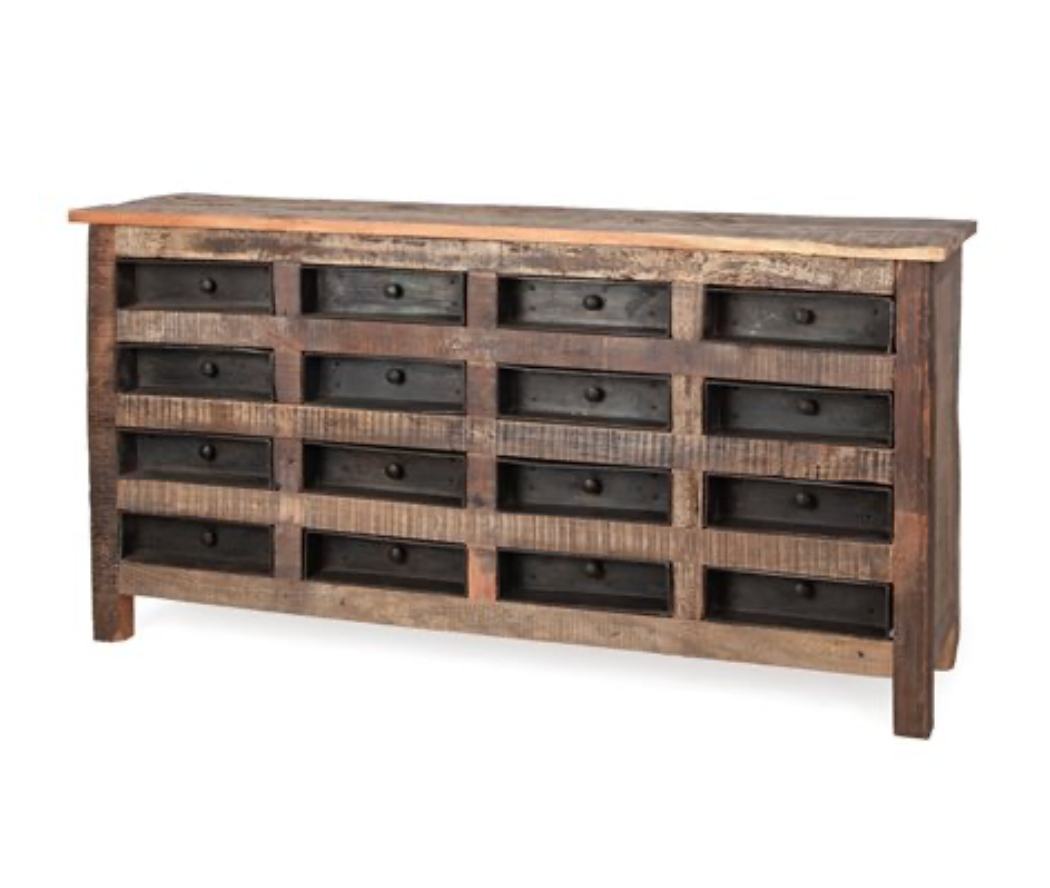 Wilton reclaimed wood and metal sideboard featuring sixteen black metal drawers and a rustic reclaimed wood frame.