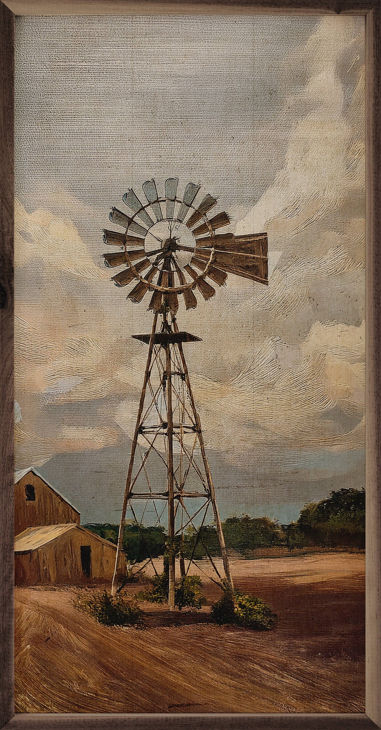 Windmill on the Farm framed wood wall art featuring a peaceful rural landscape with a classic windmill in a rich natural walnut frame.