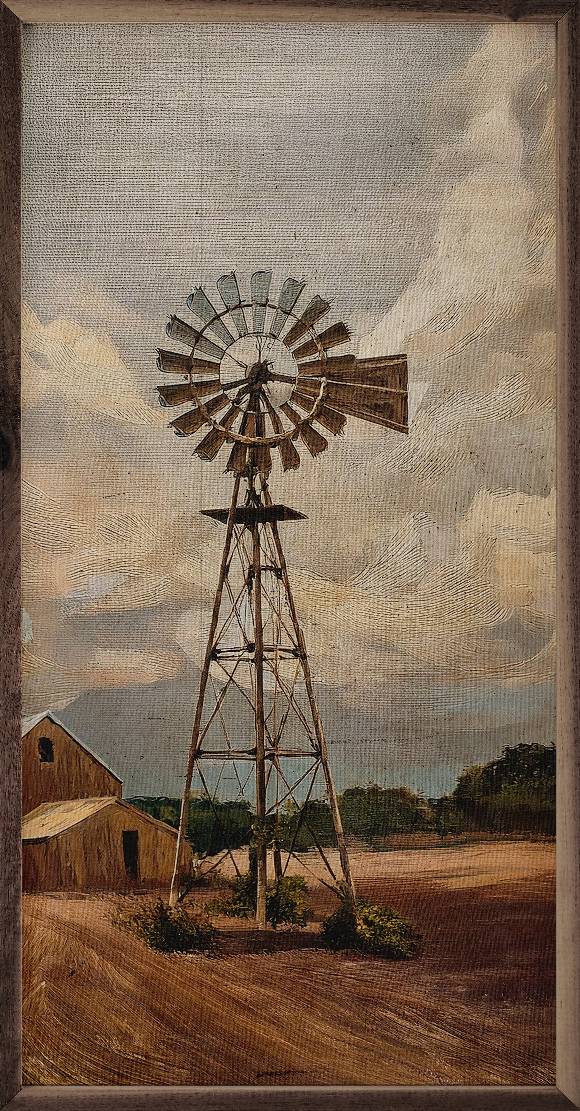 Windmill on the Farm framed wood wall art featuring a peaceful rural landscape with a classic windmill in a rich natural walnut frame.