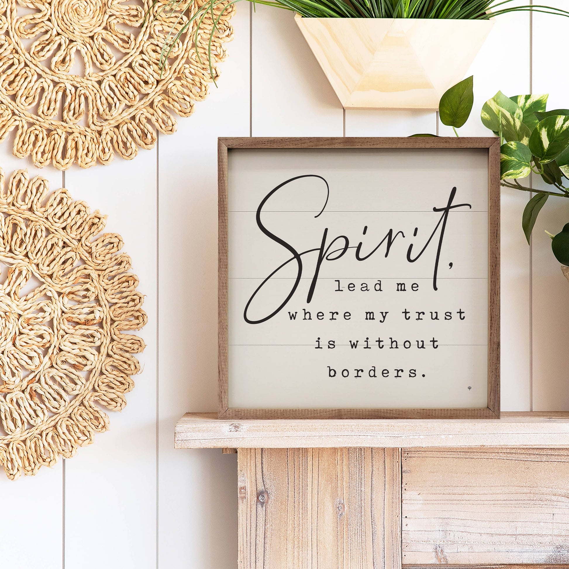Spirit Lead Me Without Borders framed wood wall art featuring a white hand-painted finish, inspirational faith message, and natural walnut frame.