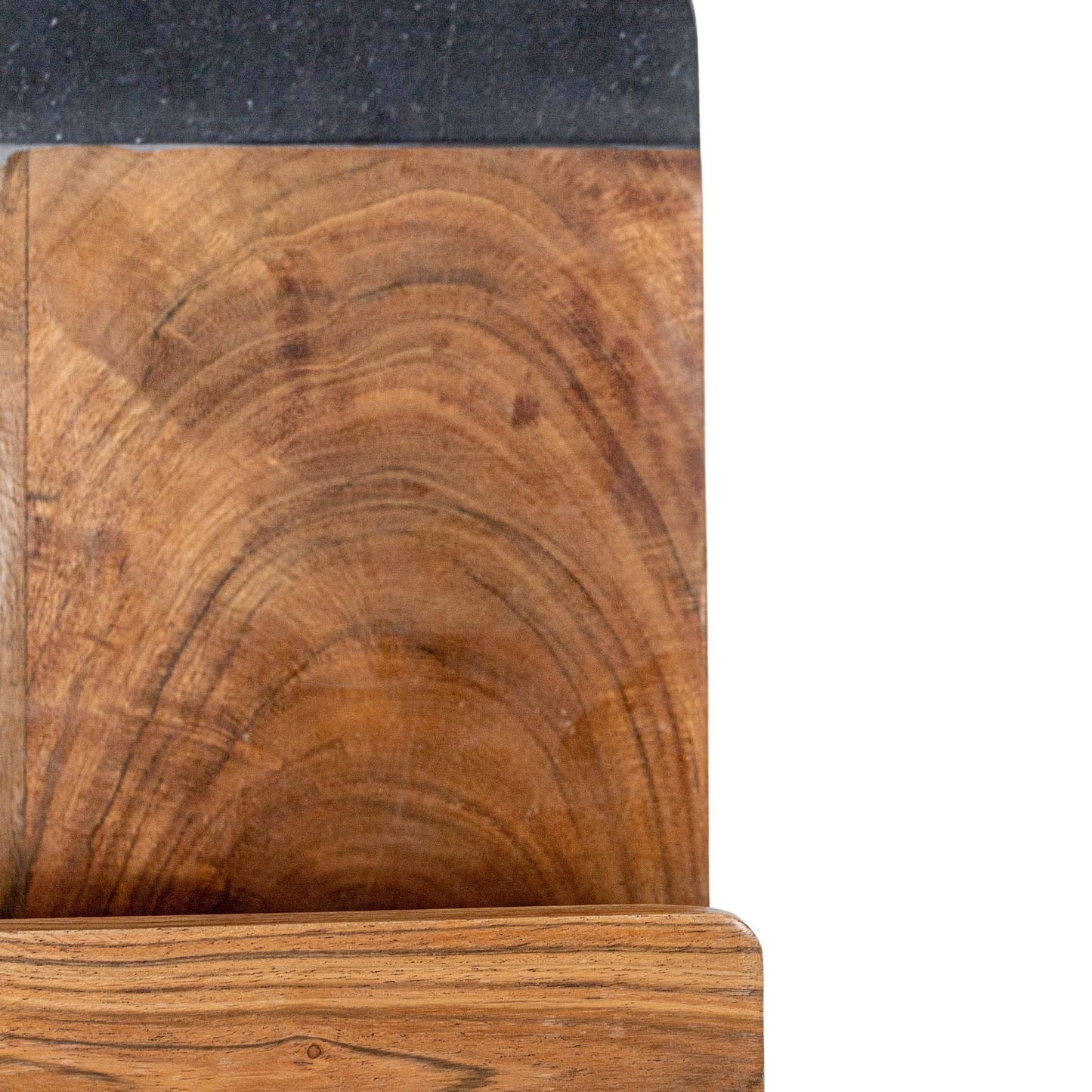 Close-up of the Acacia Wood & Marble Cookbook Holder showcasing the rich wood grain, natural marble veining, and sturdy metal support.