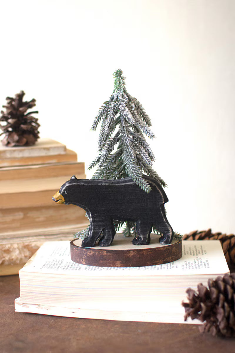 Decorative wooden bear with a flocked Christmas tree, perfect for rustic and woodland holiday décor.