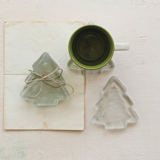 Pressed Glass Christmas Tree Coasters | Set of 4